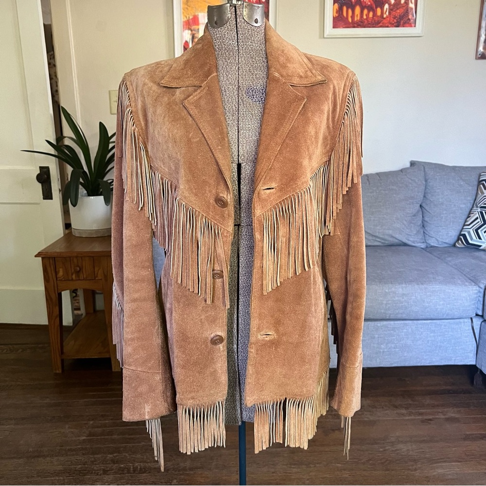 VINTAGE BERNMAN’S TAN SUEDE LEATHER FRINGE JACKET SIZE 38 WESTERN RANCHER